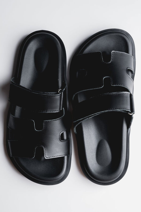 Women's Black Slide Sandals with Adjustable Strap in Genuine Leather Estro ER00117587