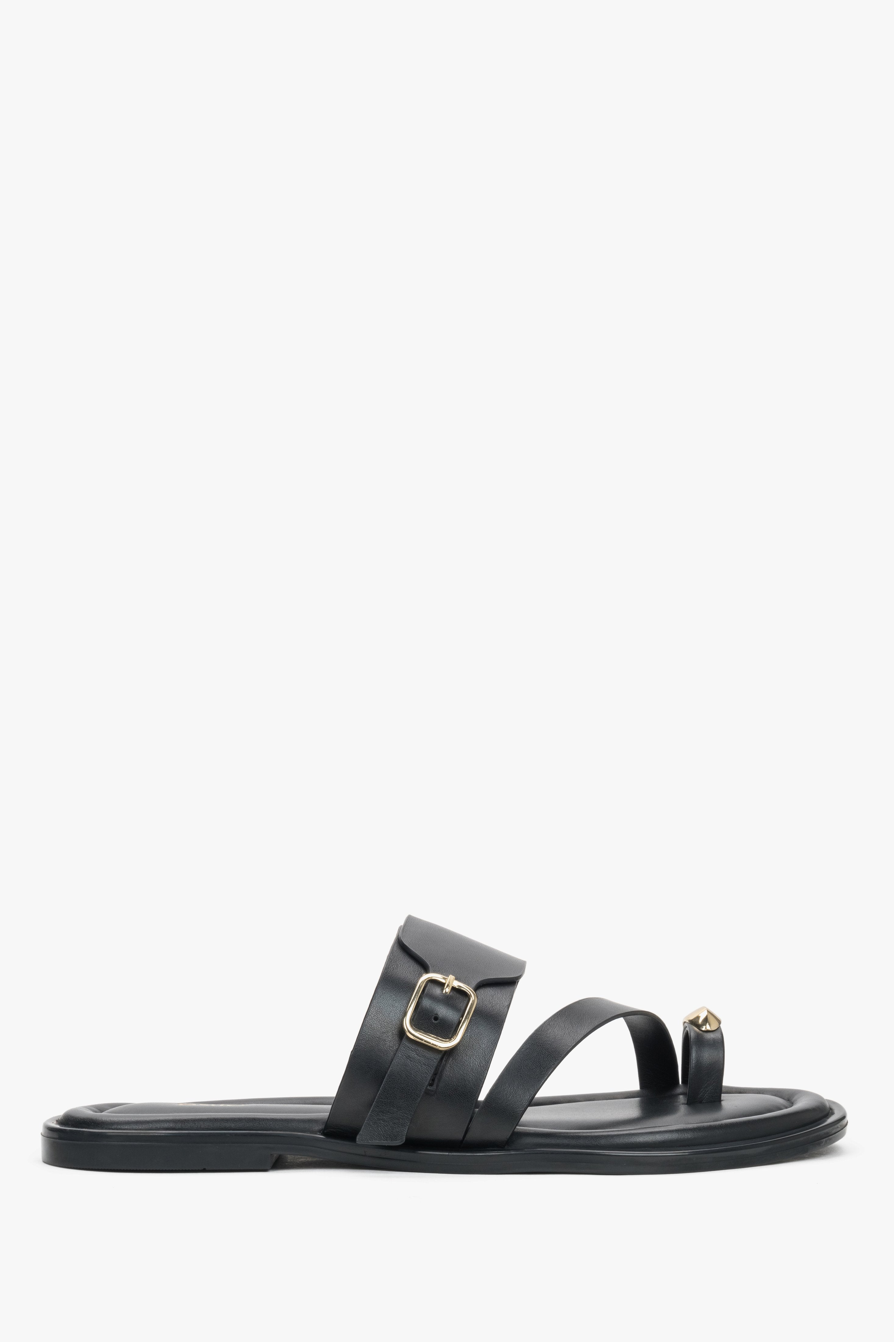 Women’s Black Leather Slides with Gold Buckle and Toe Loop Estro ER00119558