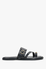 Women’s Black Leather Slides with Gold Buckle and Toe Loop Estro ER00119558