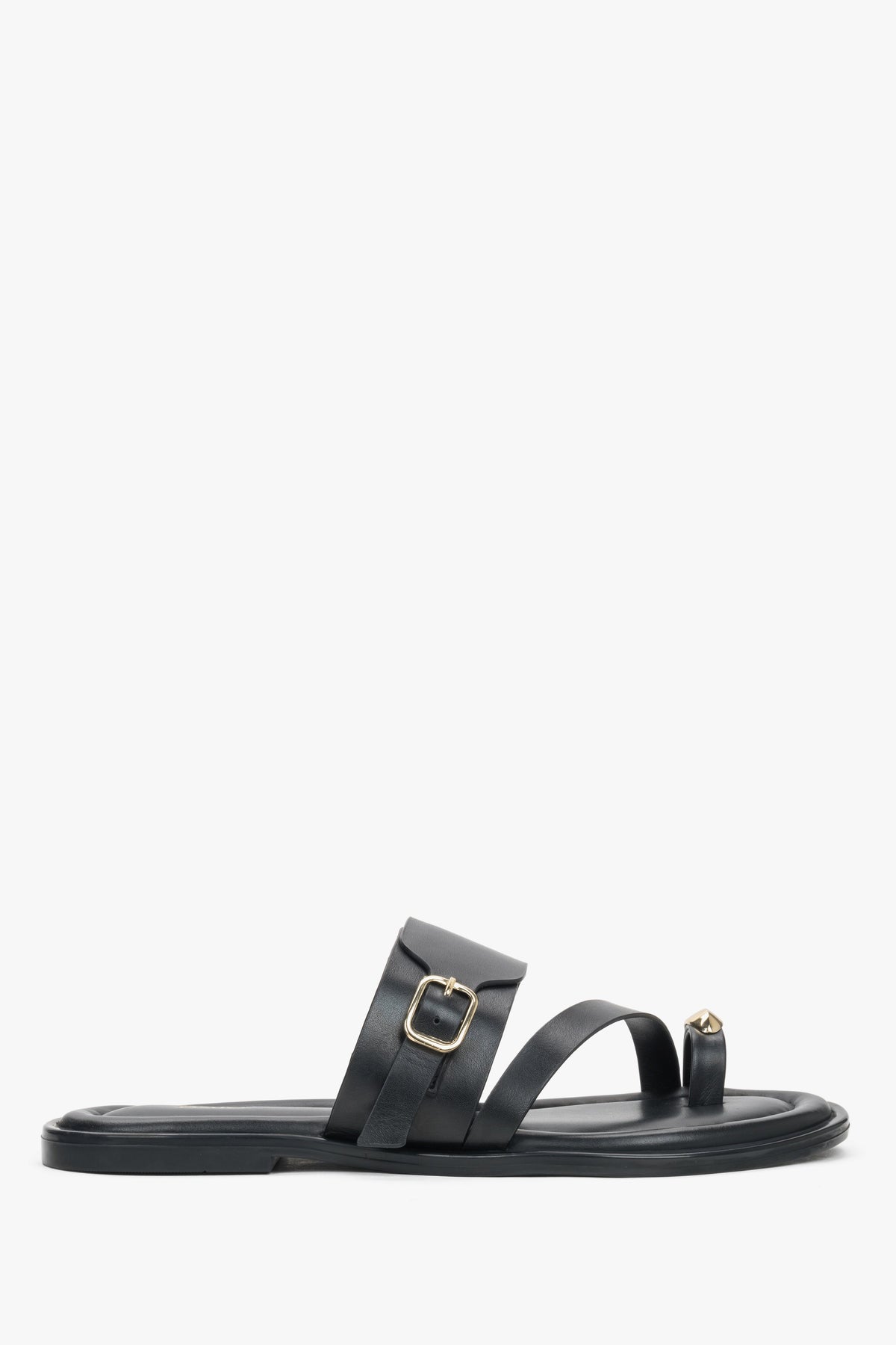 Women’s Black Leather Slides with Gold Buckle and Toe Loop Estro ER00119558