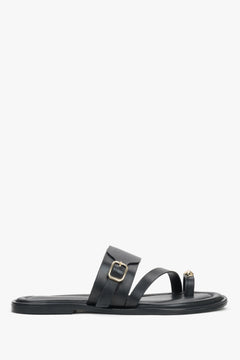 Women’s Black Leather Slides with Gold Buckle and Toe Loop Estro ER00119558