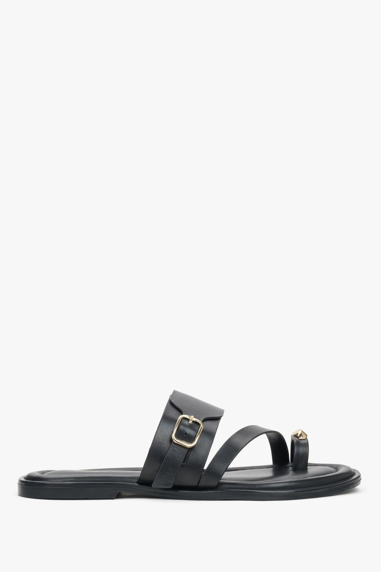 Women’s Black Leather Slides with Gold Buckle and Toe Loop Estro ER00119558