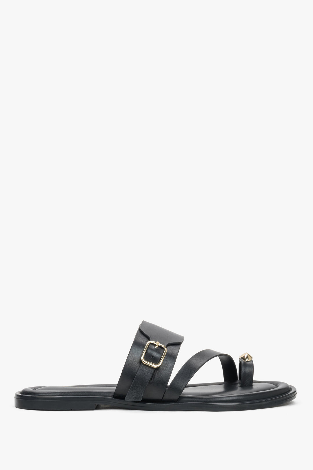 Women’s Black Leather Slides with Gold Buckle and Toe Loop Estro ER00119558