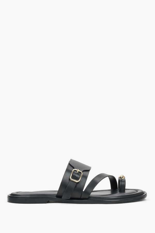 Women’s Black Leather Slides with Gold Buckle and Toe Loop Estro ER00119558