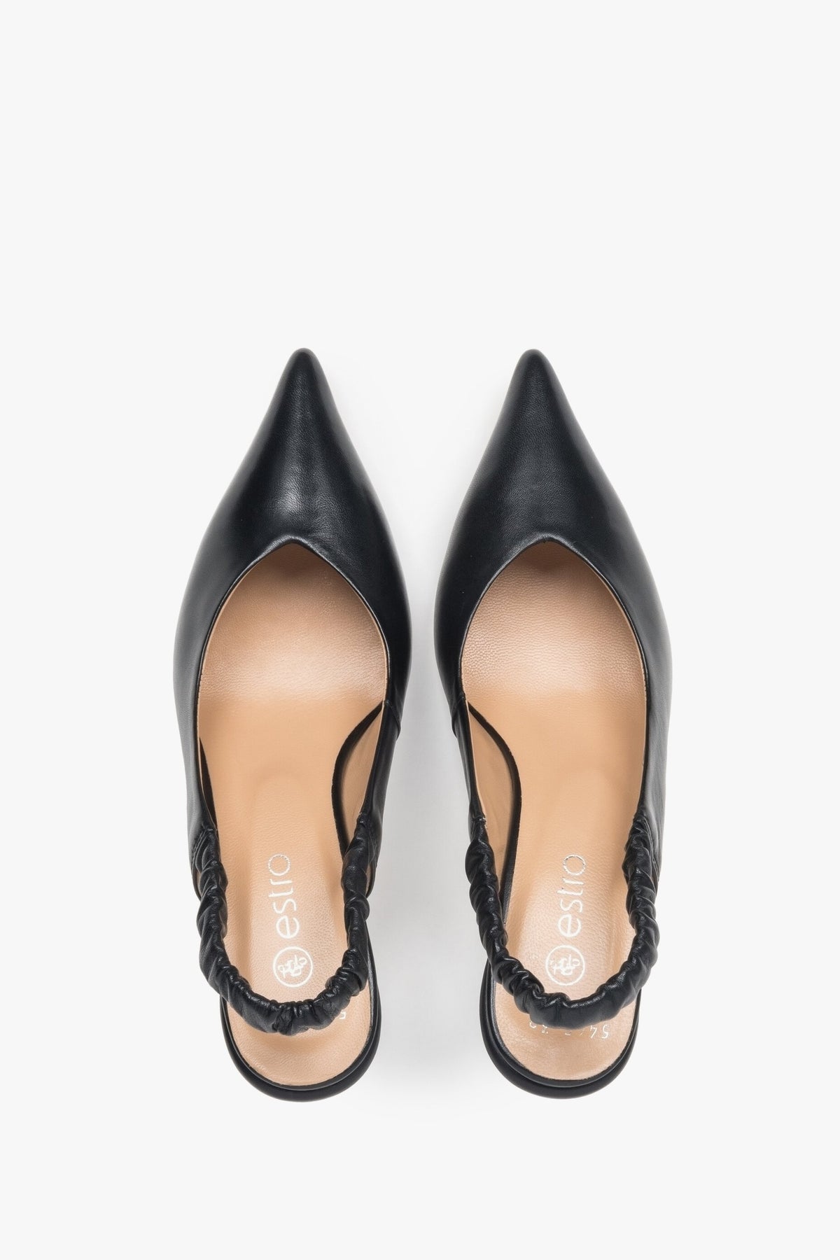 Women's black leather slingback pumps - top view presentation of the model.
