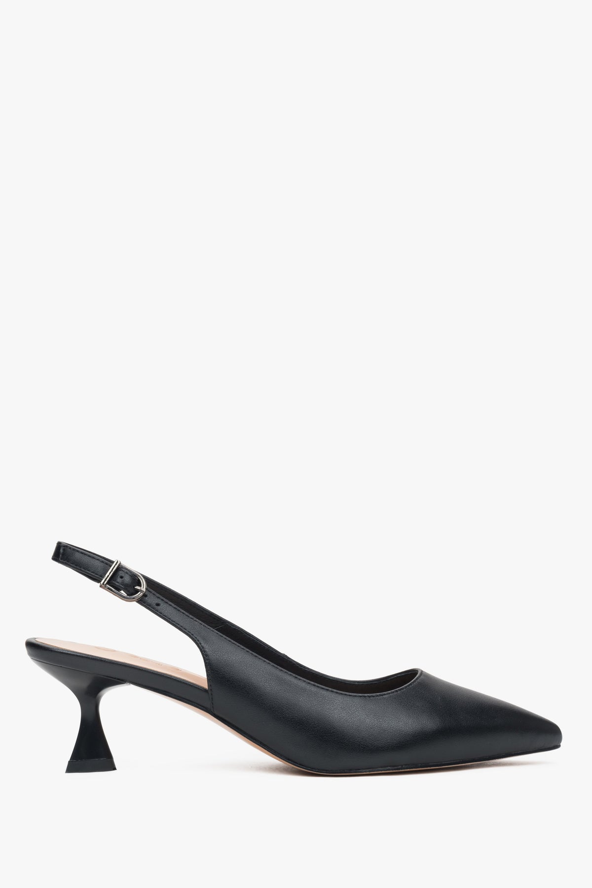 Women’s black leather peep-toe pumps with a low flared heel.