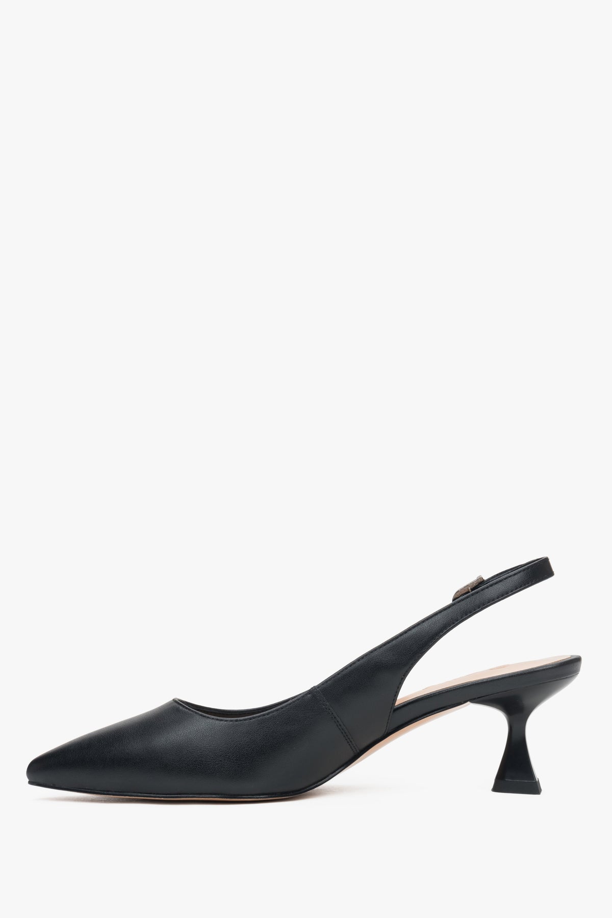 Women’s black leather peep-toe pumps with a low flared heel by Estro.