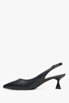 Women’s black leather peep-toe pumps with a low flared heel by Estro.