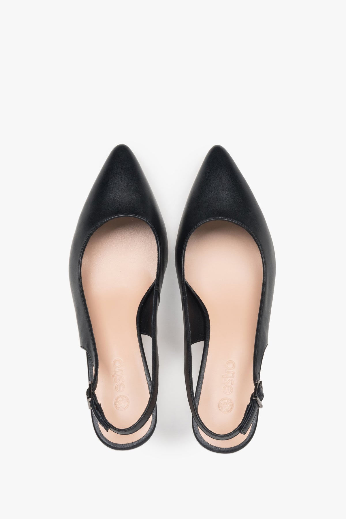 Women’s pumps, black, leather, peep-toe, low flared heel, Estro.