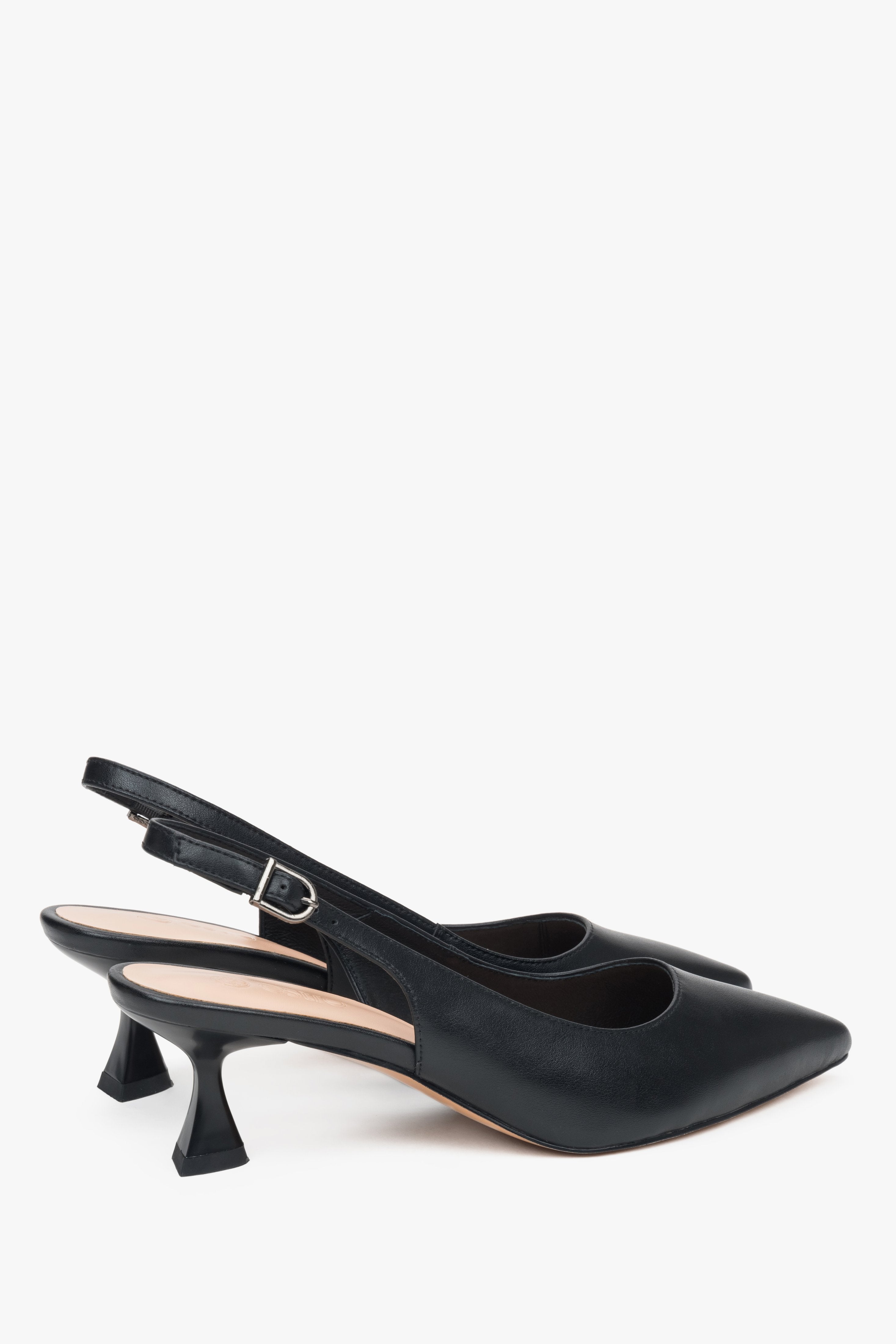 Peep-toe design, black leather women’s pumps with a low flared heel by Estro.