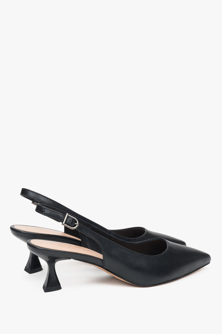 Peep-toe design, black leather women’s pumps with a low flared heel by Estro.