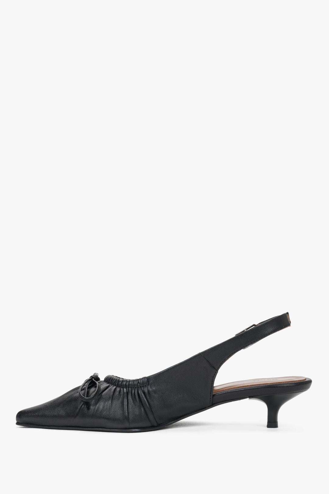 Women’s black leather slingback pumps by Estro with a kitten heel - side view.