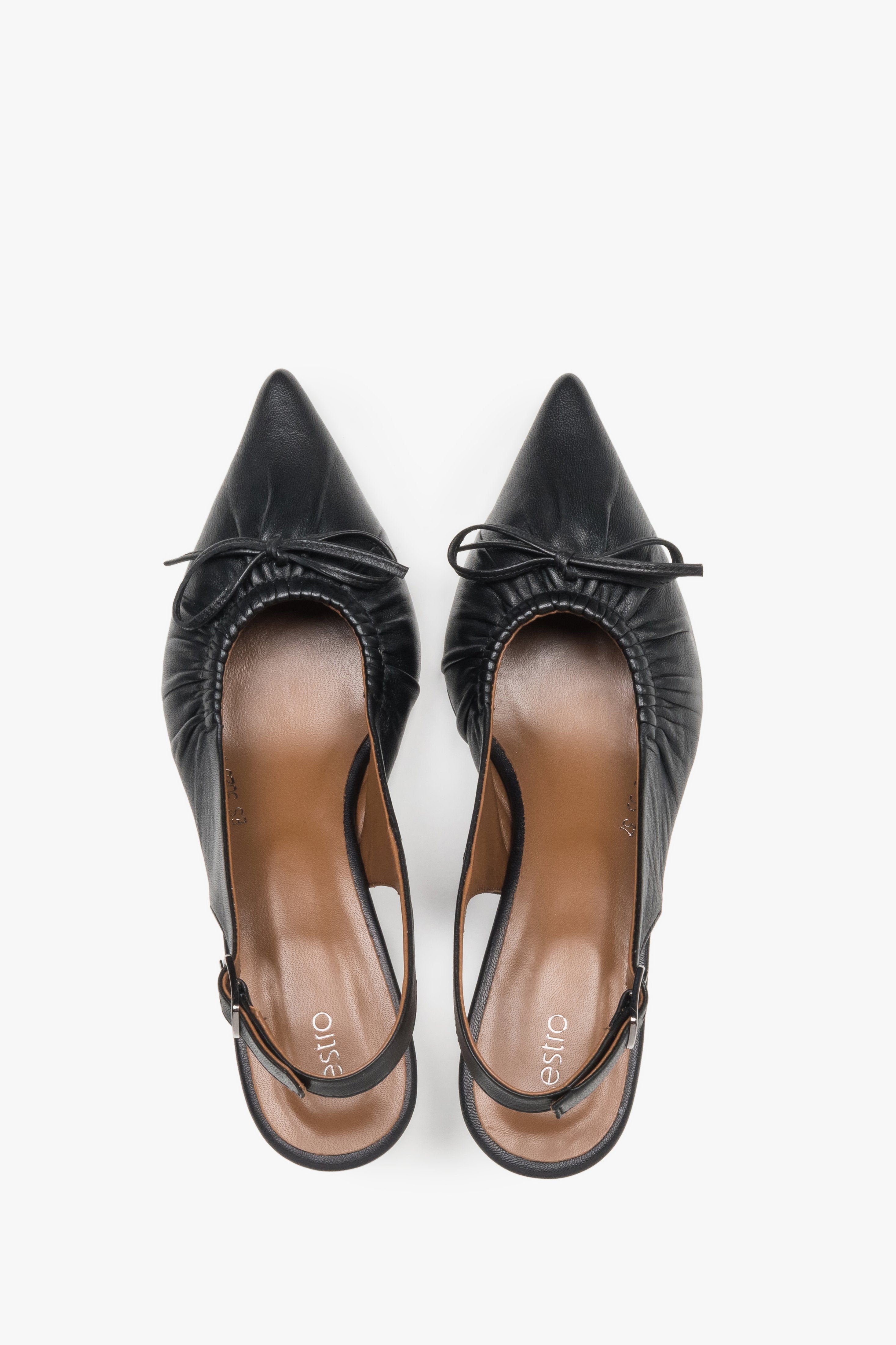 Women’s black leather slingback pumps by Estro with a kitten heel – top view.