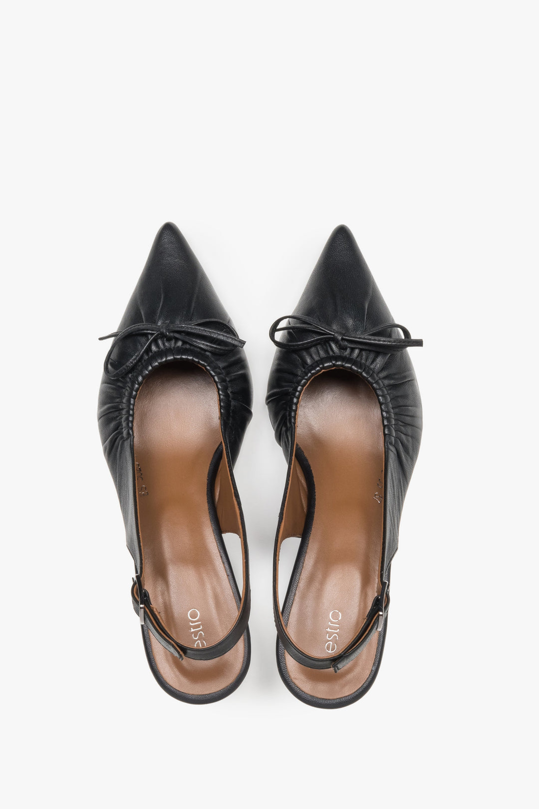 Women’s black leather slingback pumps by Estro with a kitten heel – top view.