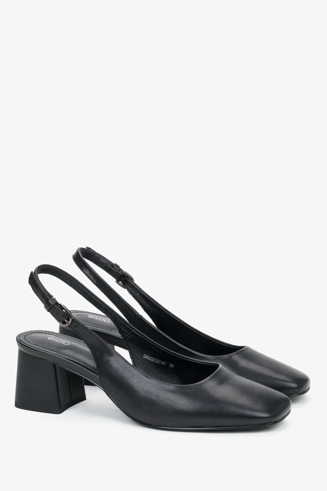 Women’s black natural leather slingback pumps on a stable 5.5 cm block heel, Estro.