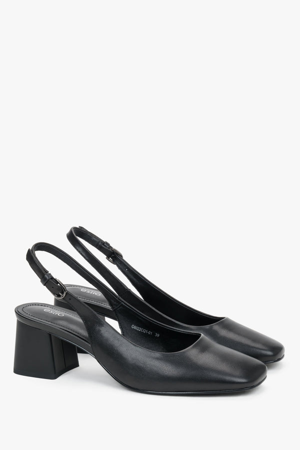Women’s black natural leather slingback pumps on a stable 5.5 cm block heel, Estro.