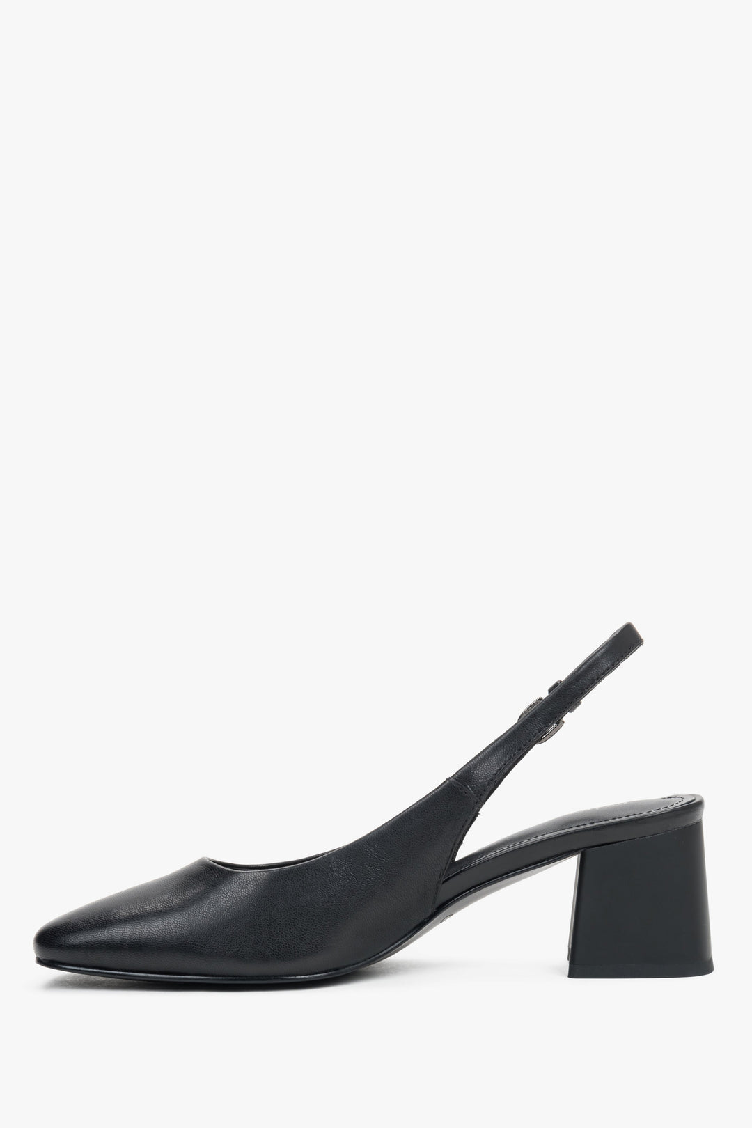 Elegant black leather heels with an adjustable strap and square block heel.