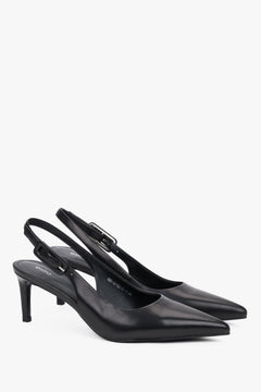 Women’s black natural leather slingback pumps with a sharp pointed toe, Estro.