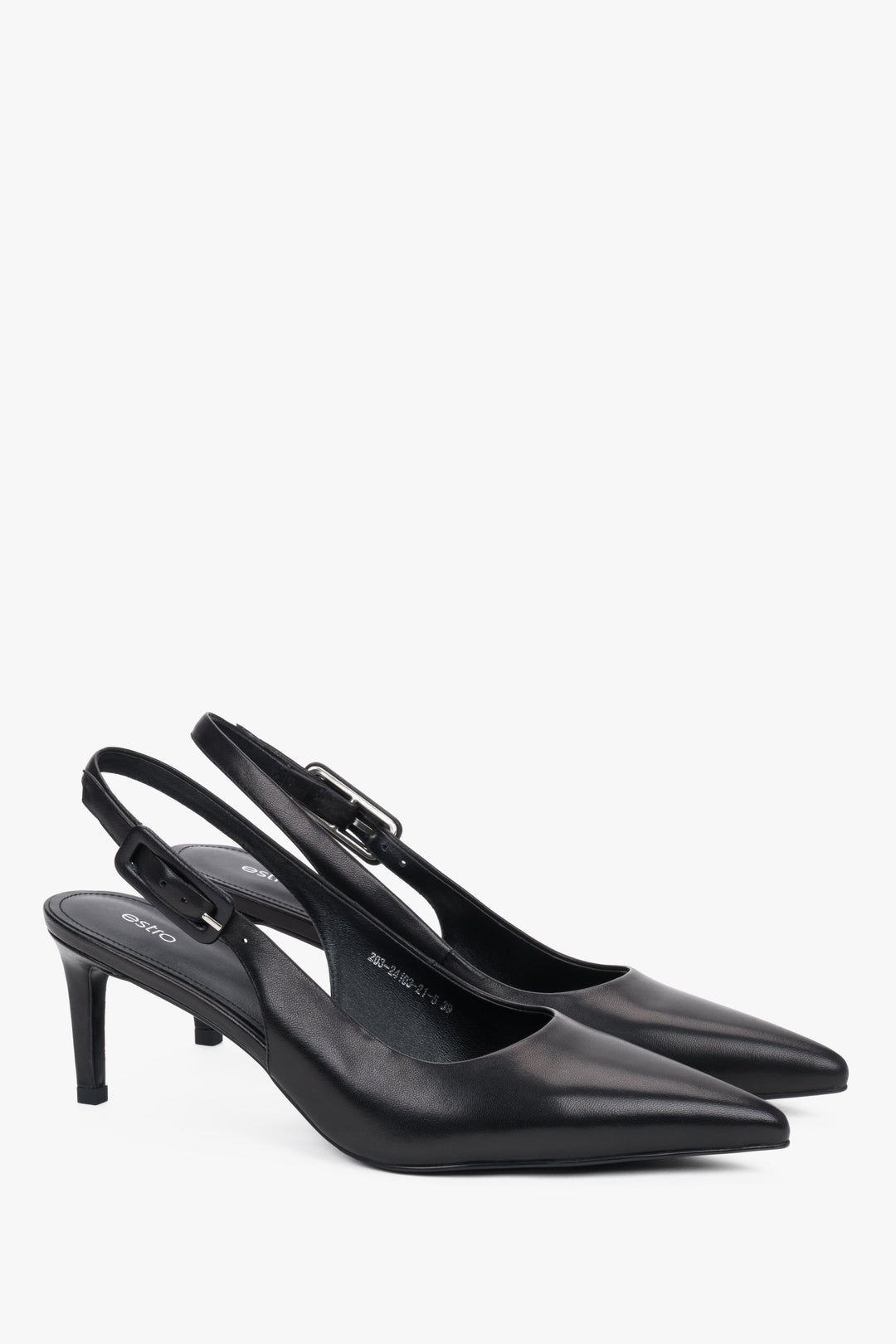 Women’s black natural leather slingback pumps with a sharp pointed toe, Estro.
