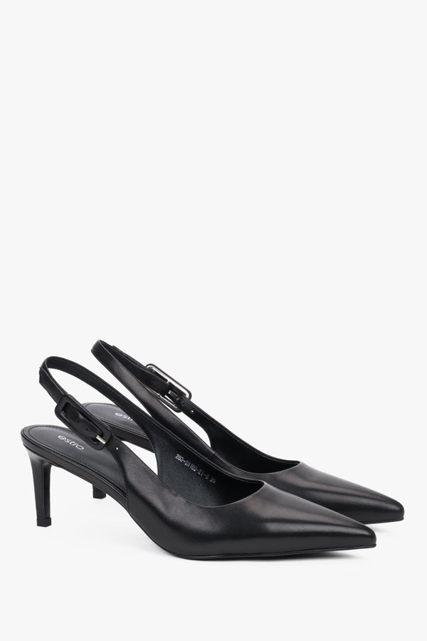 Women’s black natural leather slingback pumps with a sharp pointed toe, Estro.