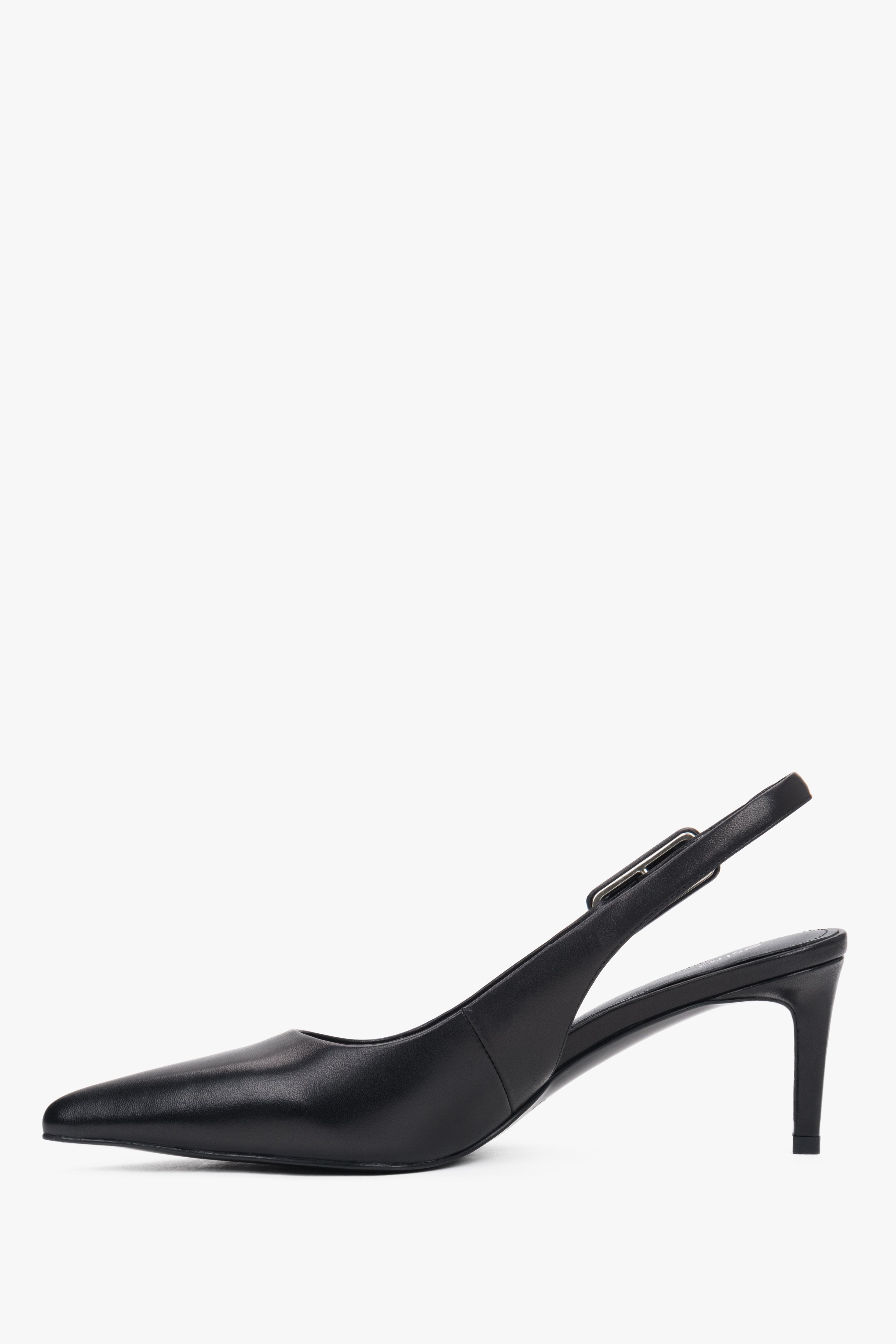 Elegant black leather heels with a 6.5 cm stiletto and silver-tone buckle.