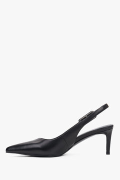 Elegant black leather heels with a 6.5 cm stiletto and silver-tone buckle.