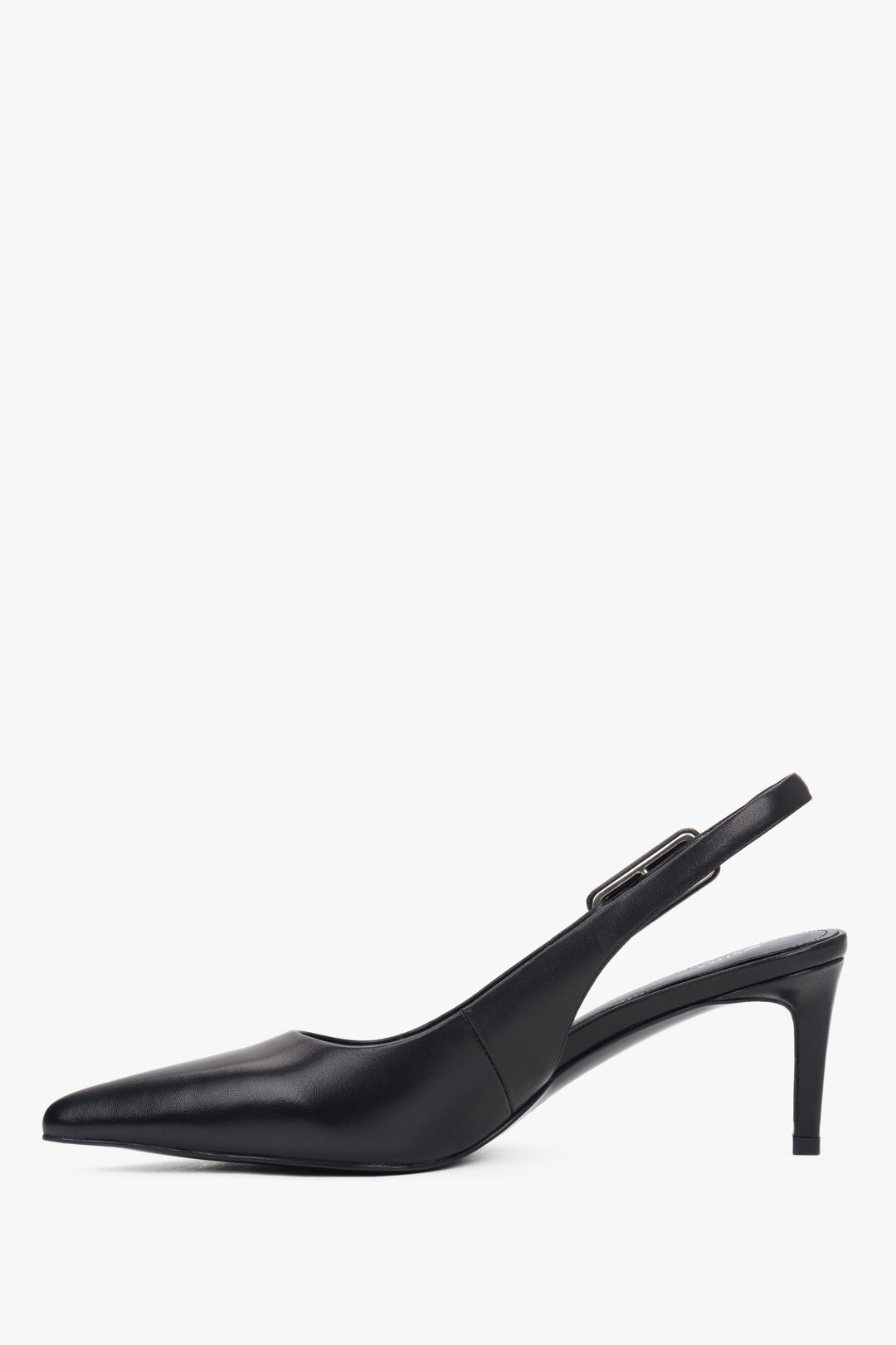 Elegant black leather heels with a 6.5 cm stiletto and silver-tone buckle.