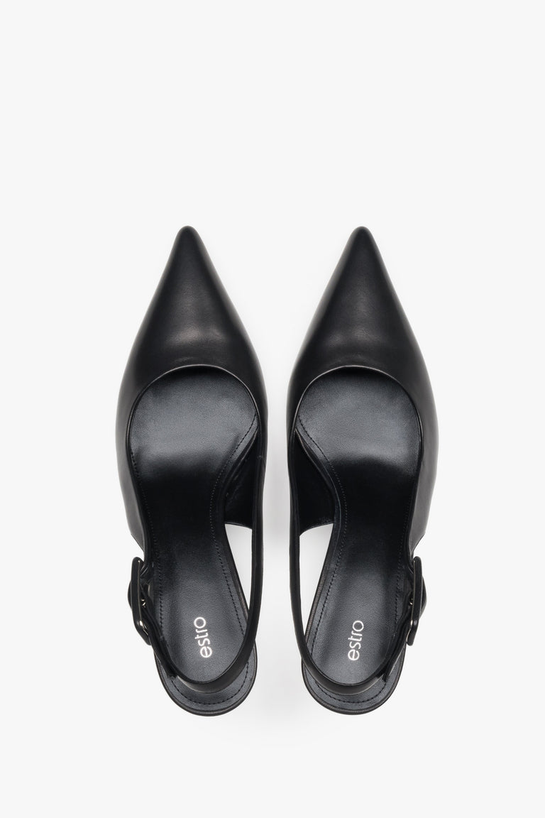 Estro black slingback pumps featuring luxury natural chevro kidskin lining.