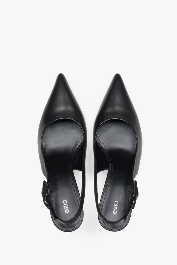 Estro black slingback pumps featuring luxury natural chevro kidskin lining.
