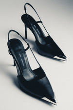 Women's black leather slingback stilettos with silver pointed toe by Estro Selection