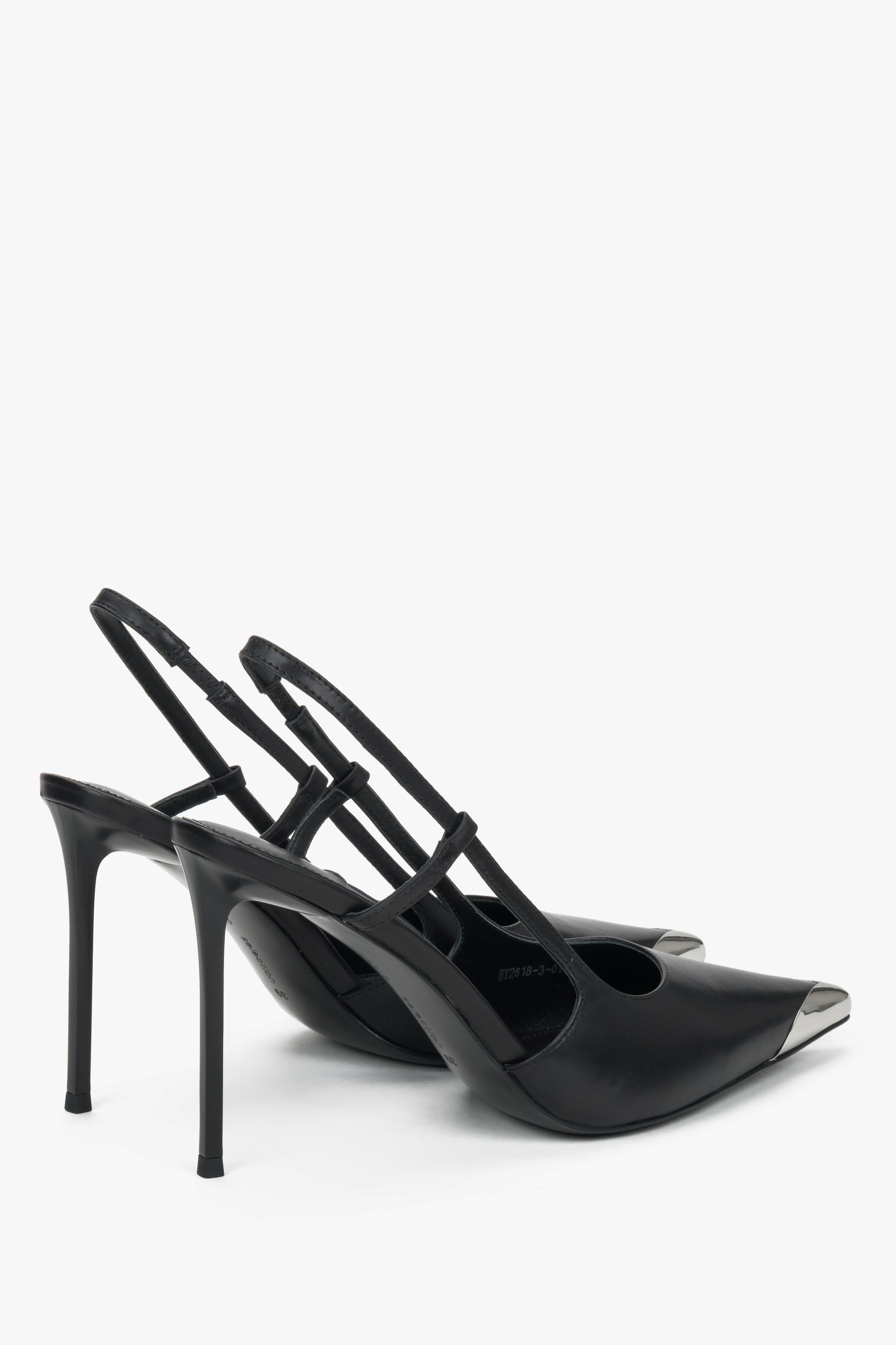 Back profile of women's black leather slingback stilettos with slim heel
