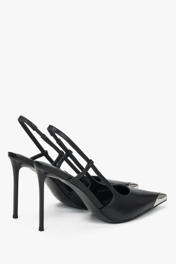 Back profile of women's black leather slingback stilettos with slim heel