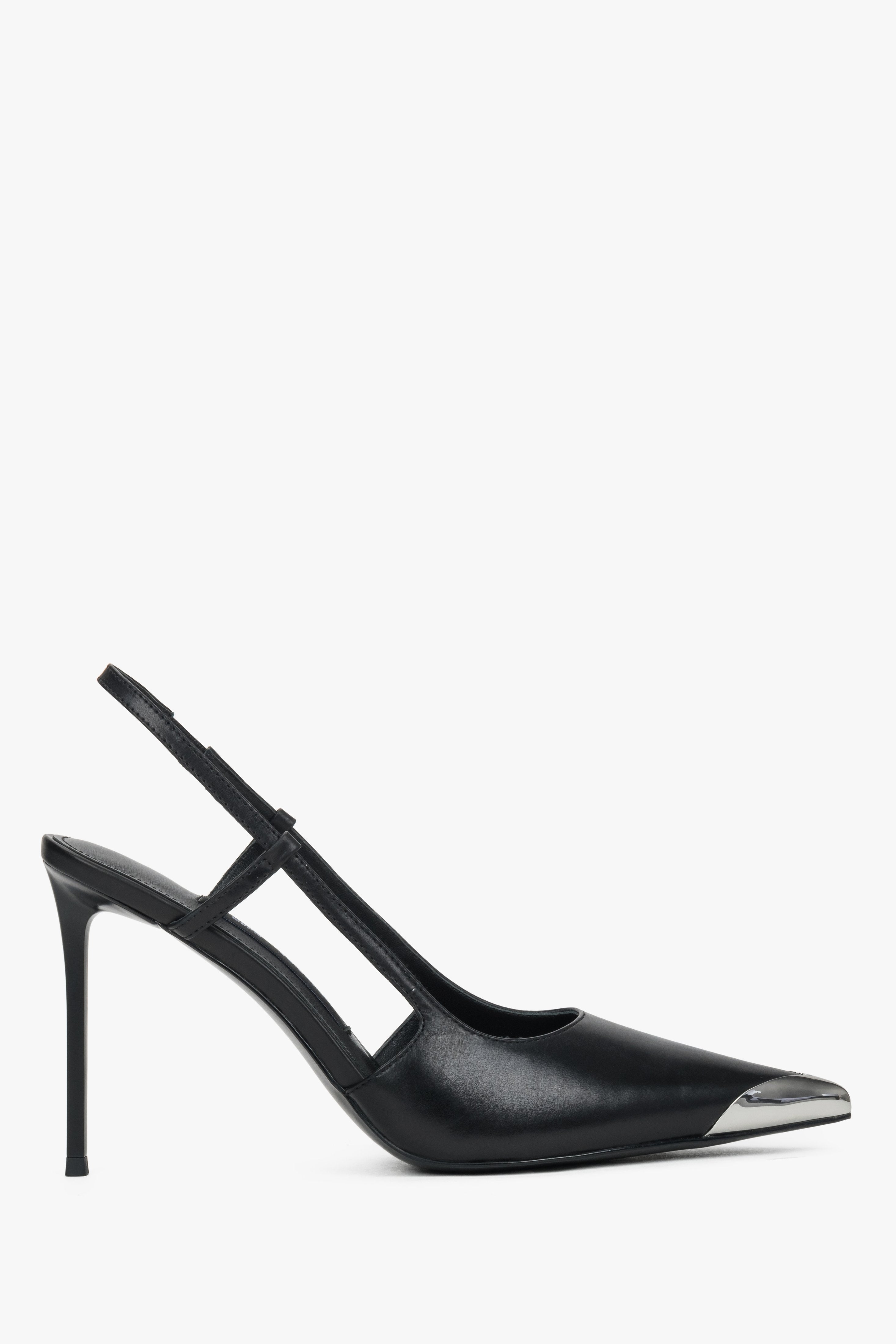 Side view of women's black leather slingback stilettos with silver pointed toe
