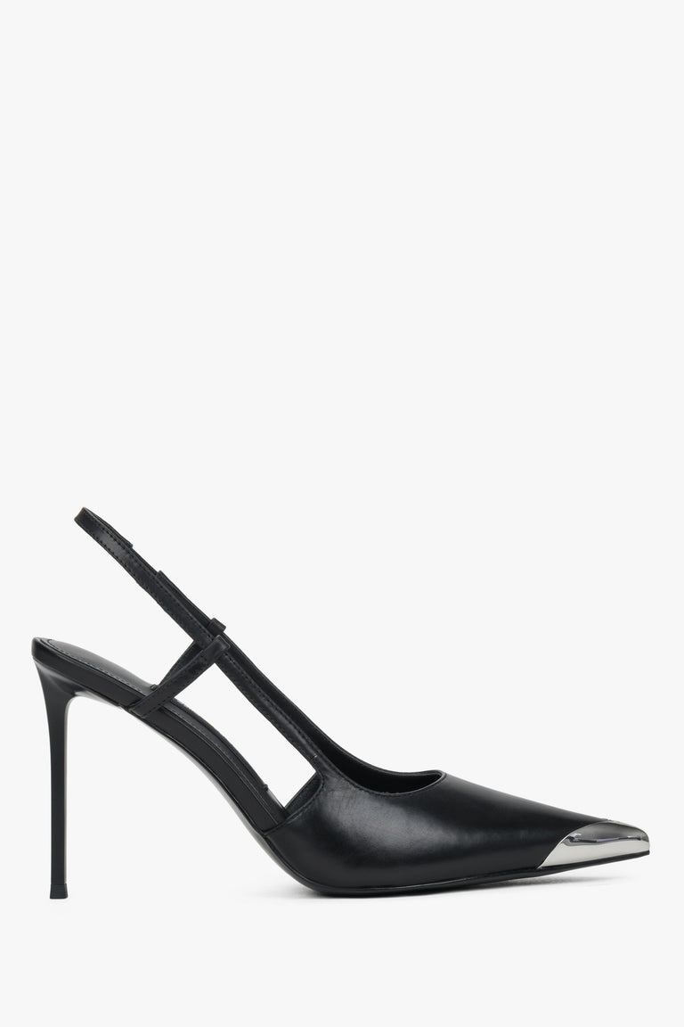 Side view of women's black leather slingback stilettos with silver pointed toe