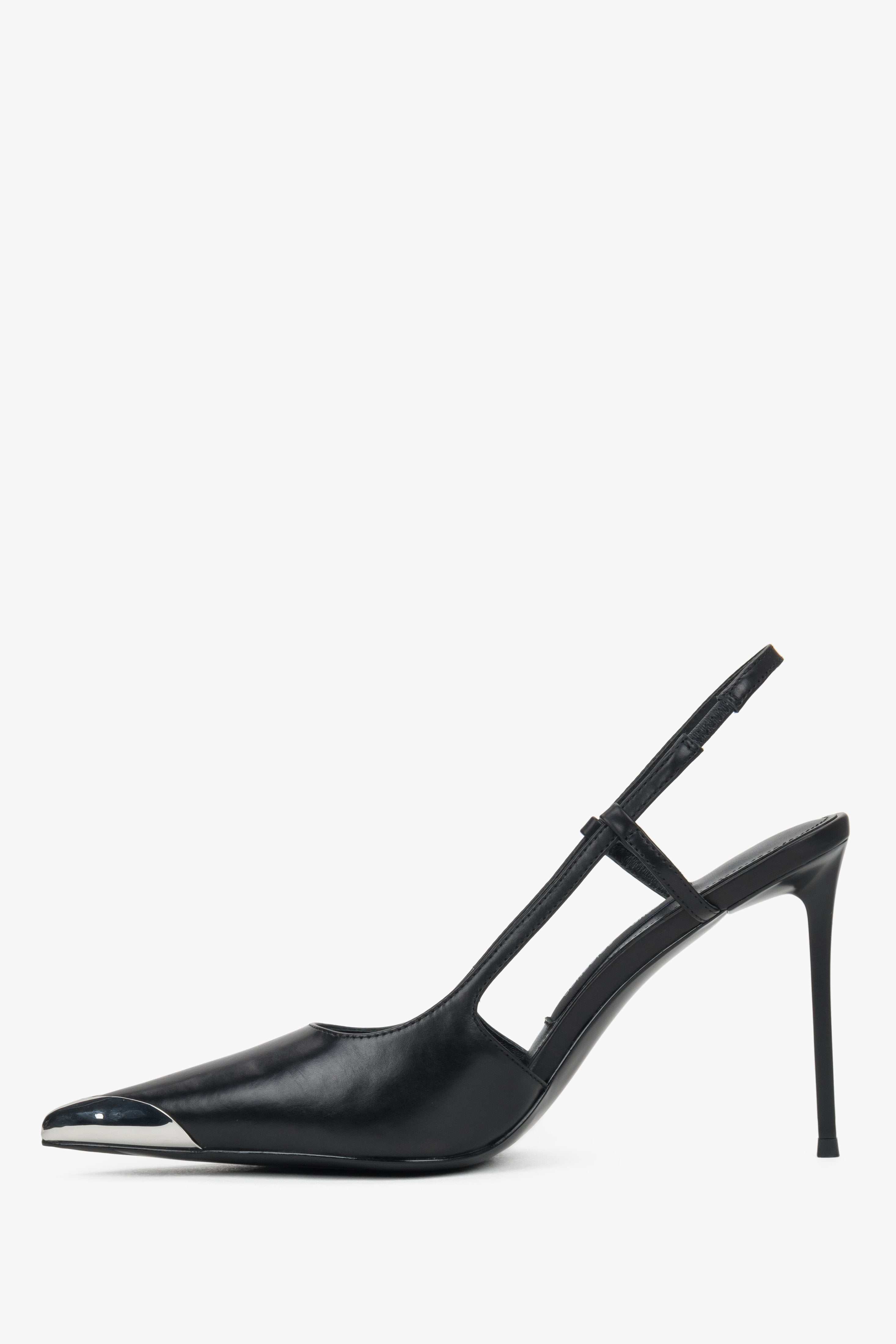 Women's black slingback heels with silver toe cap by Estro Selection