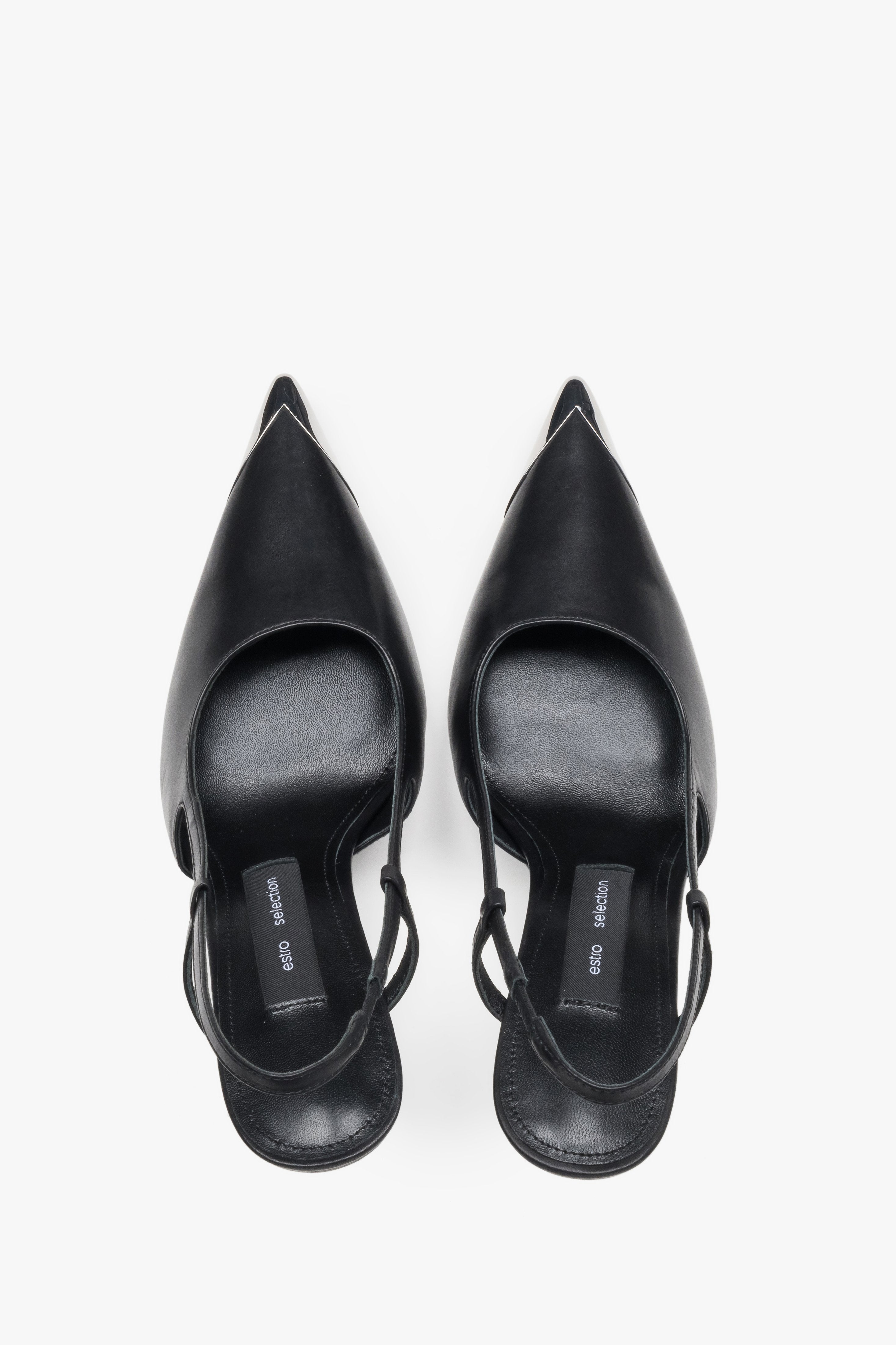 Top view of women's black leather slingback stilettos with pointed toe