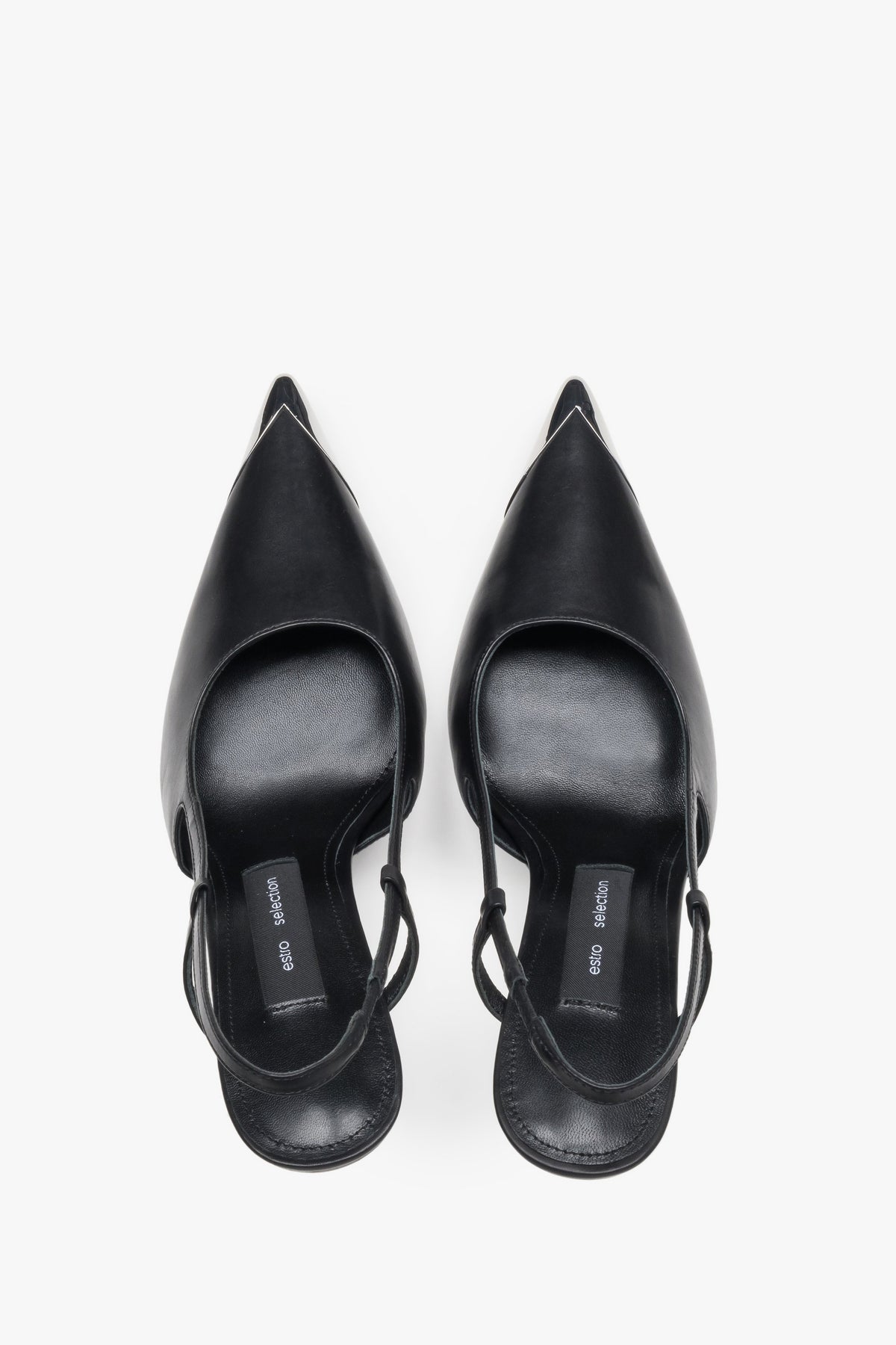 Top view of women's black leather slingback stilettos with pointed toe