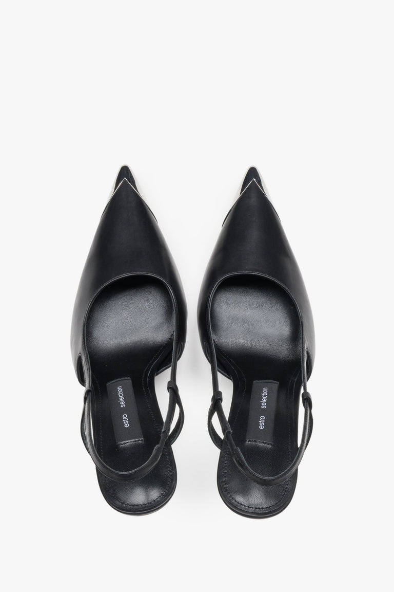 Top view of women's black leather slingback stilettos with pointed toe