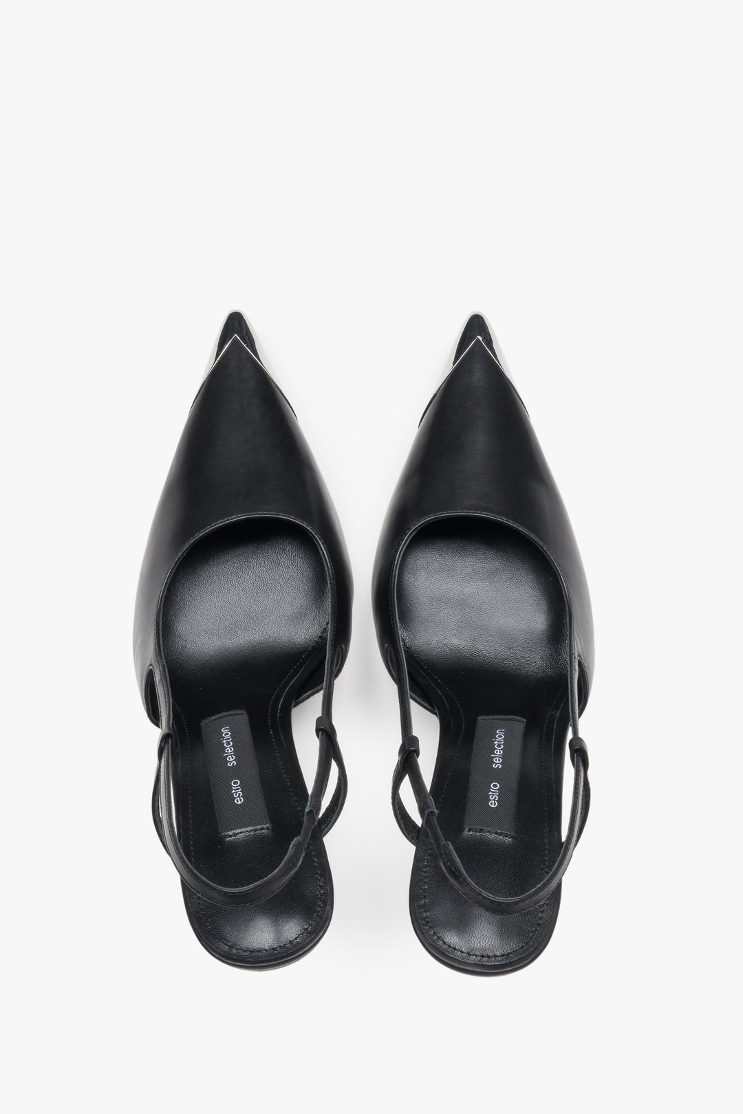 Top view of women's black leather slingback stilettos with pointed toe