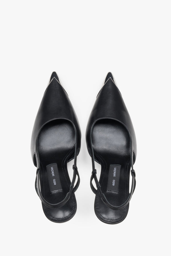 Top view of women's black leather slingback stilettos with pointed toe