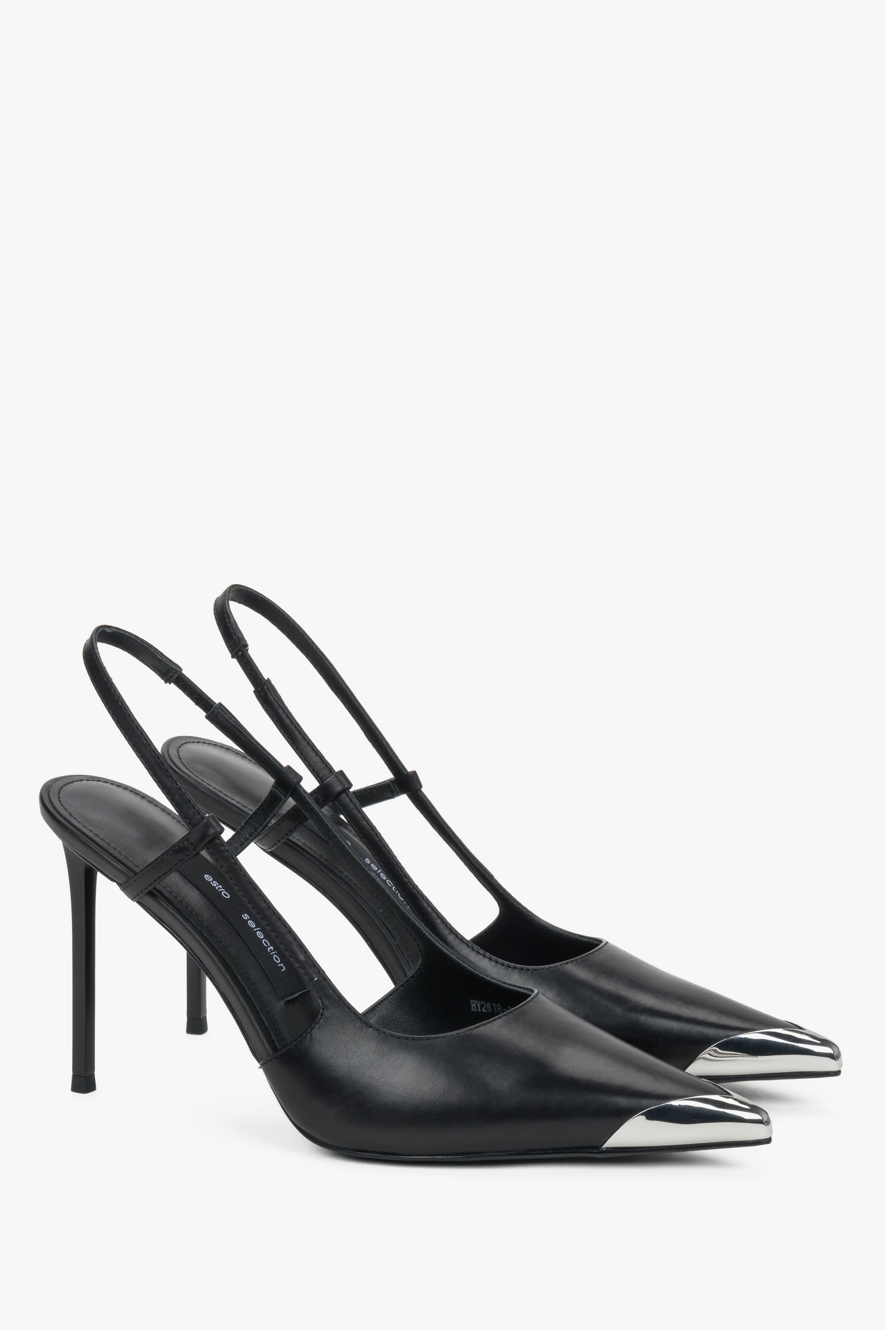 Women's black leather slingback stilettos with elastic ankle strap