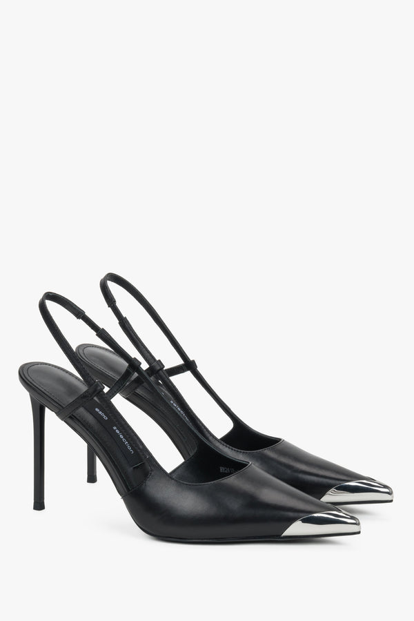Women's black leather slingback stilettos with elastic ankle strap