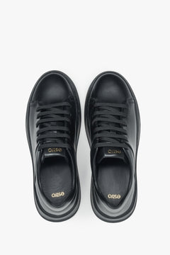 Black leather women's sneakers - top view presentation.