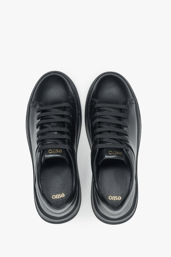 Black leather women's sneakers - top view presentation.