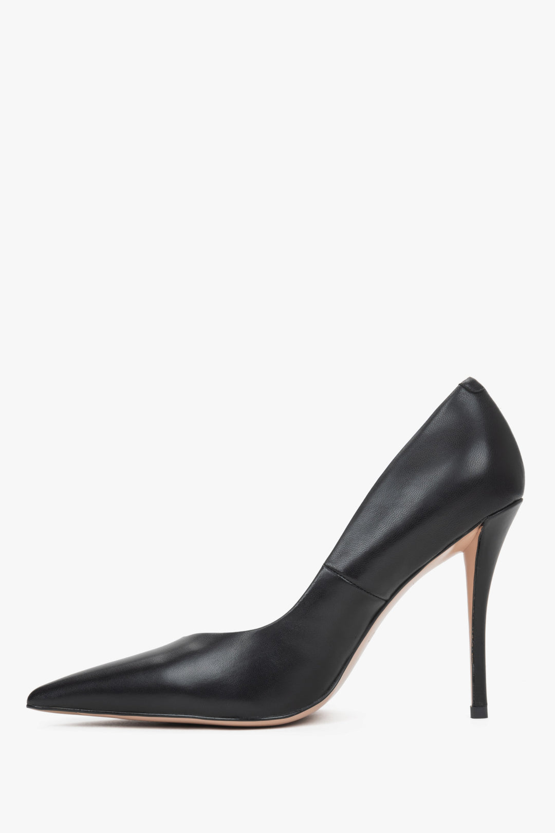 Genuine leather black stiletto high heels for women with a slim heel and a pointed toe, Estro.