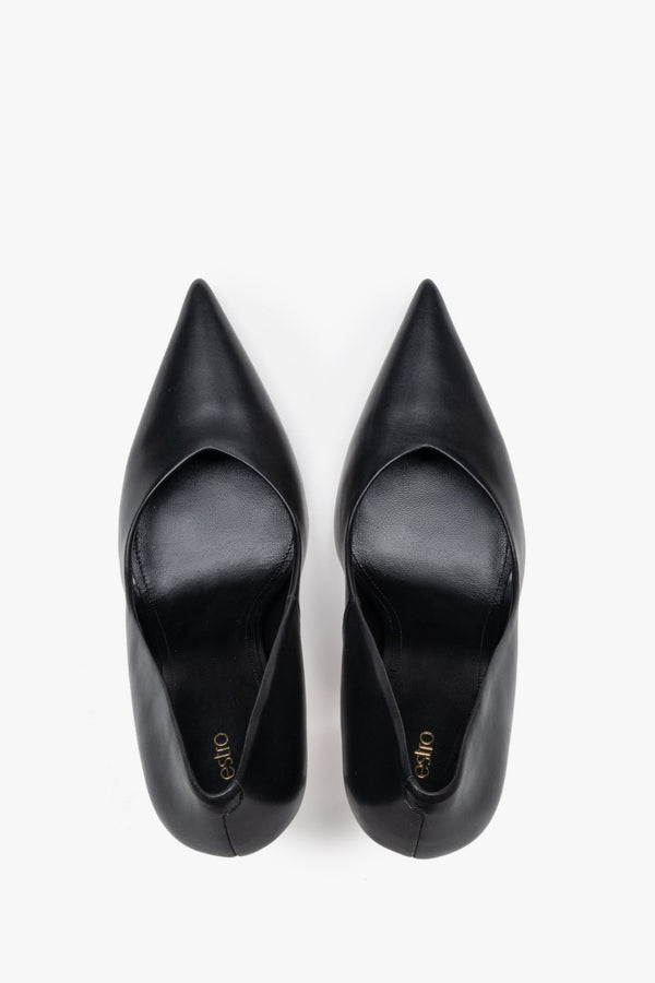 Black leather women's stiletto pumps by Estro, featuring a slim high heel and a pointed toe.