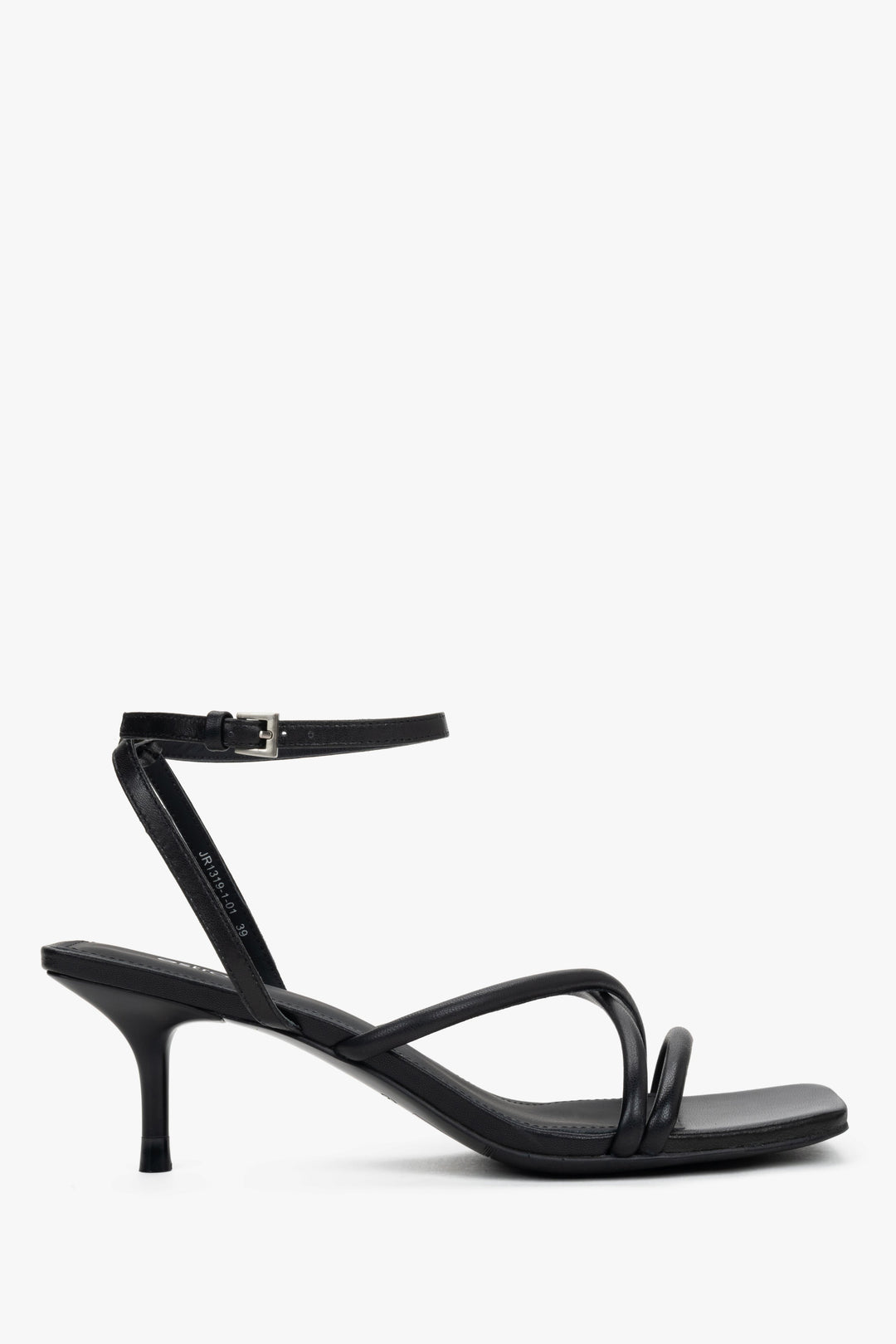 Women’s black leather stiletto sandals by Estro with thin crossing straps.