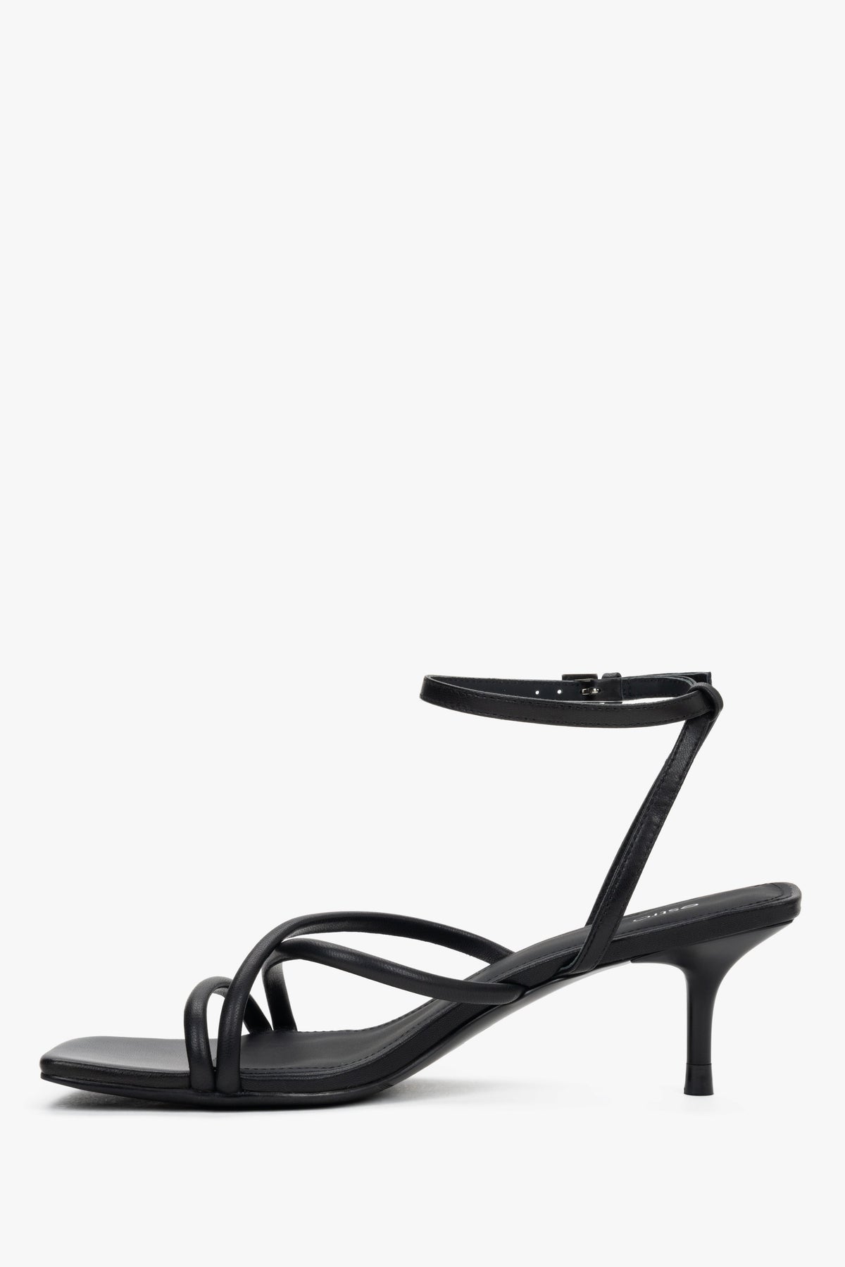 Women’s black leather sandals with 6.5 cm stiletto heel and buckle fastening.