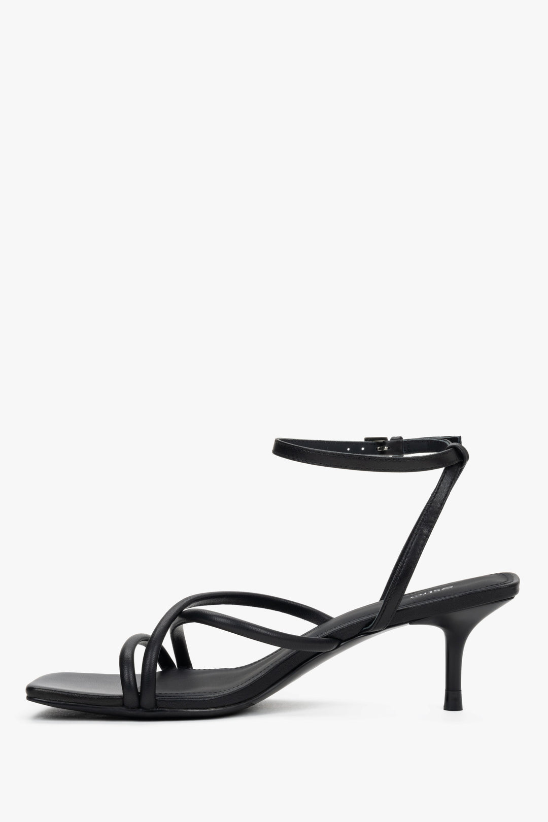 Women’s black leather sandals with 6.5 cm stiletto heel and buckle fastening.