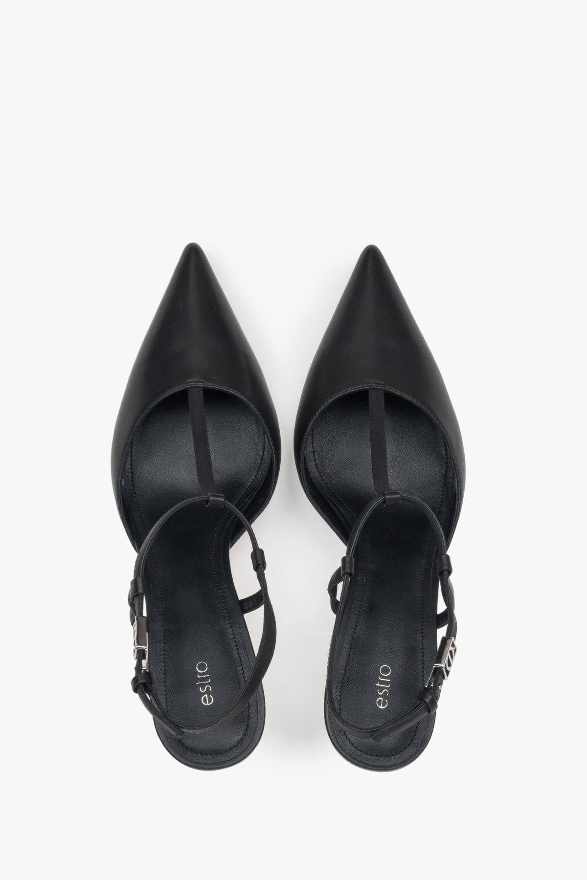 Estro black leather stiletto slingbacks for women.
